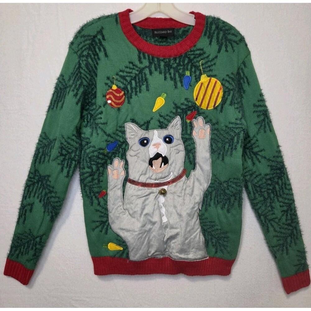 Blizzard Bay Small Sweater Cat Crazy Cat Lady Ugly Christmas Green Red